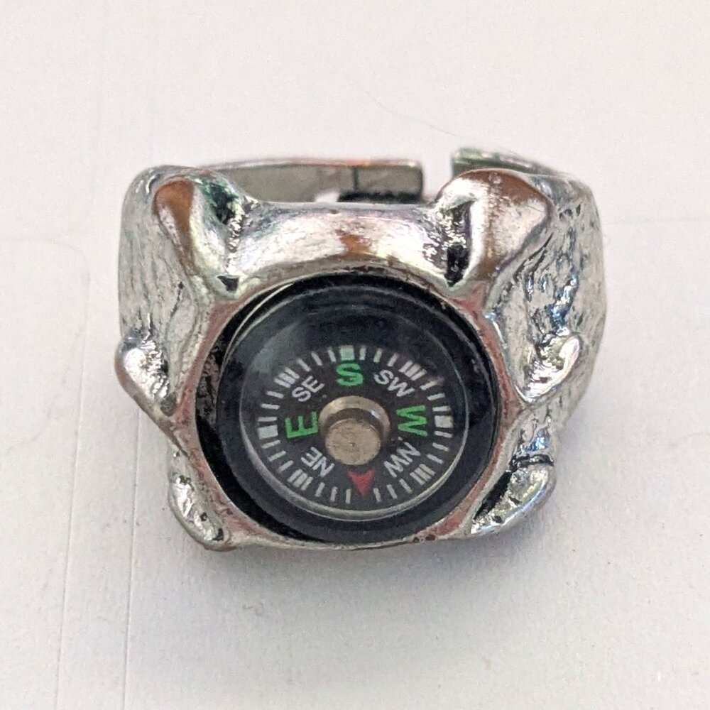 Vintage Adjustable Silver Tone Compass Ring